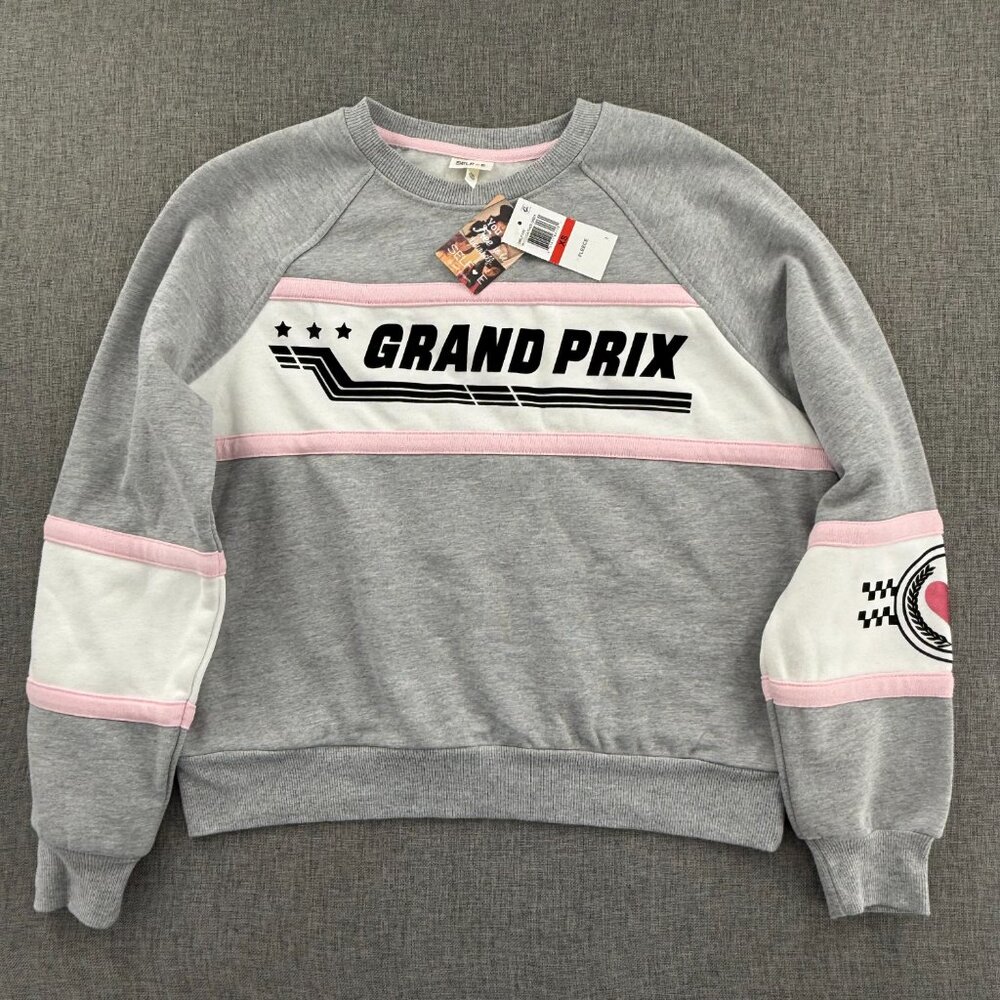 NEW! Self Esteem Fleece Pullover Sweatshirt XS Cotton Blend Sweater Gray Pink